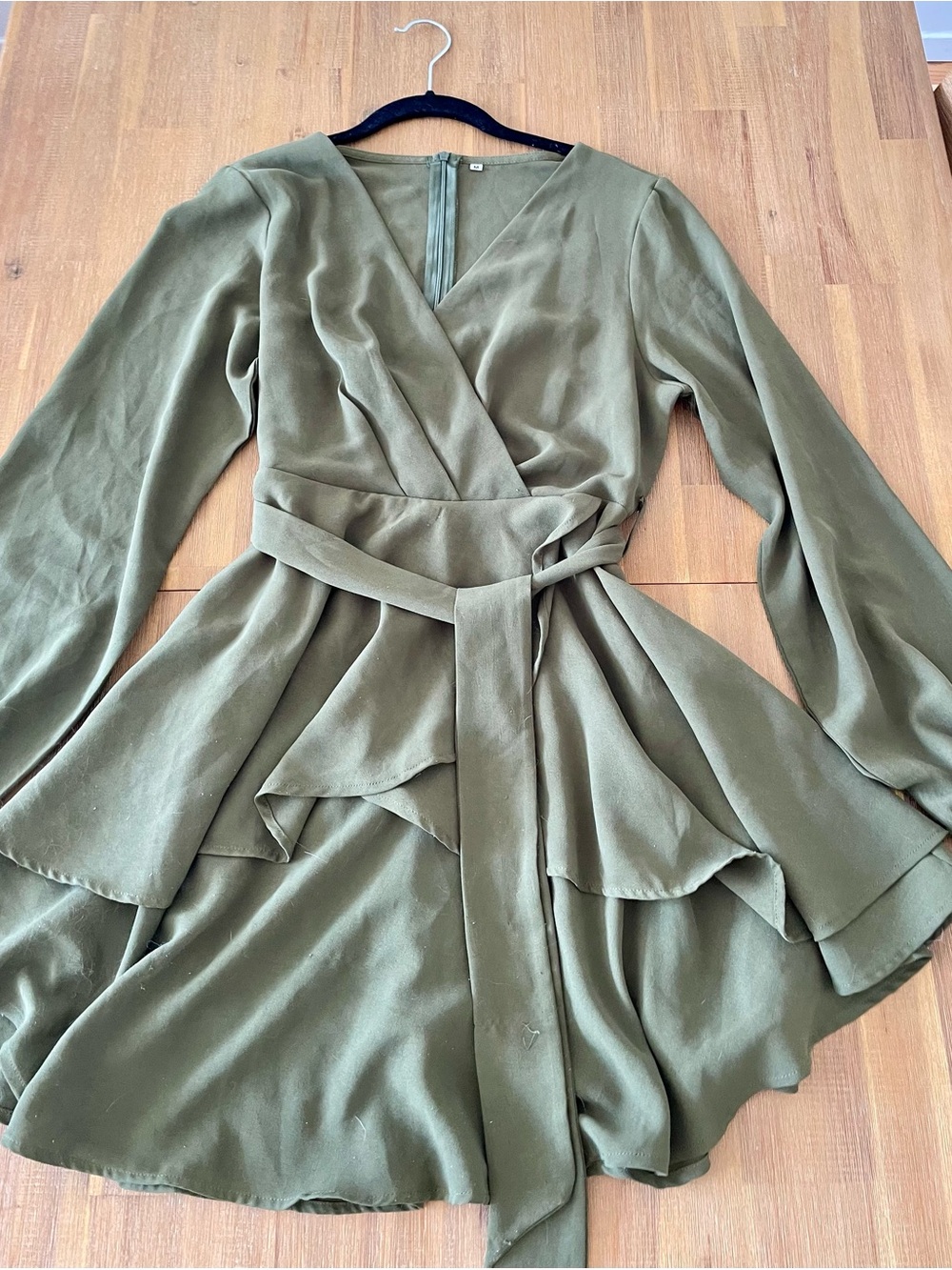 Olive Wrap Belted Ruffle Dress
